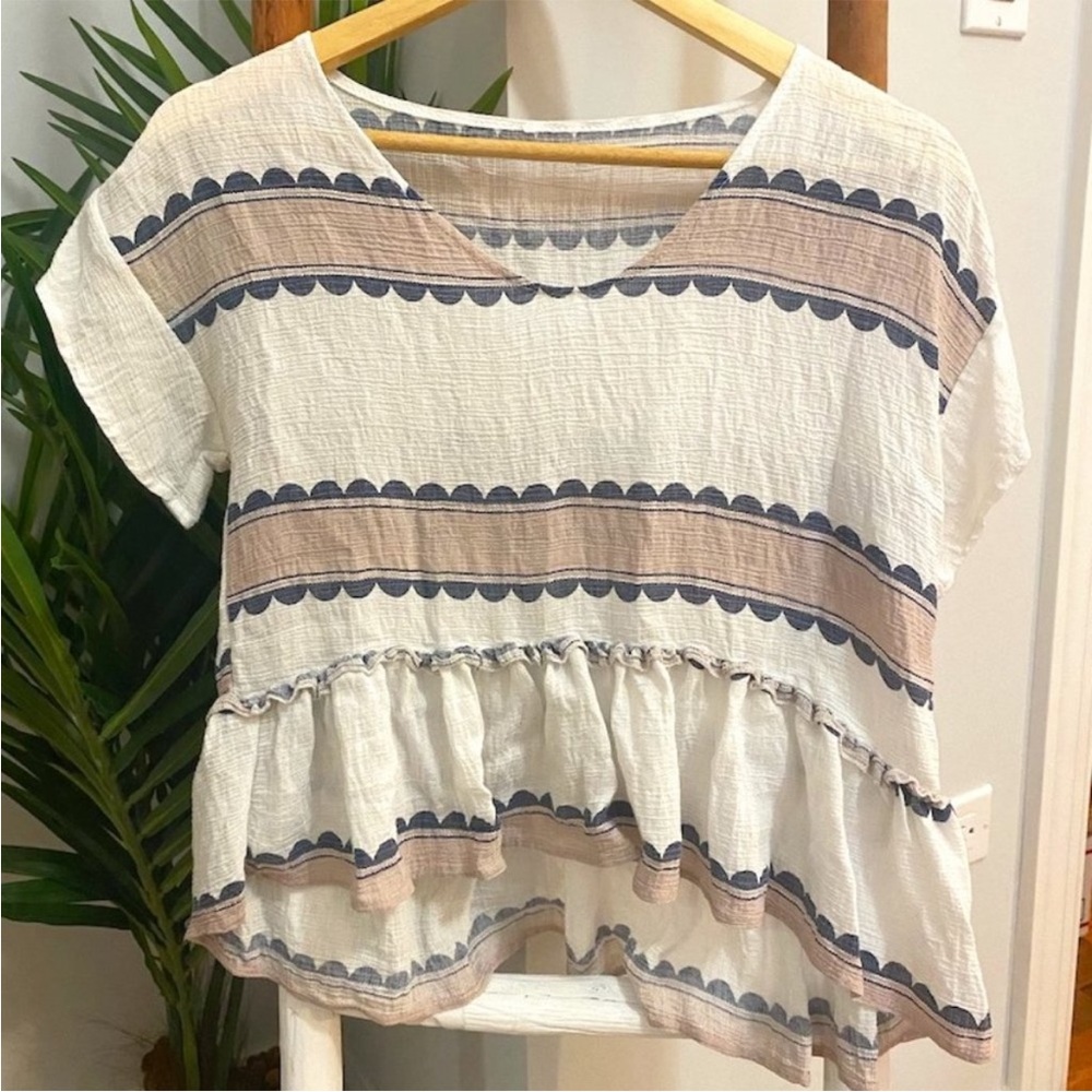 Women's White Striped Peplum Top - Neutral Stripe